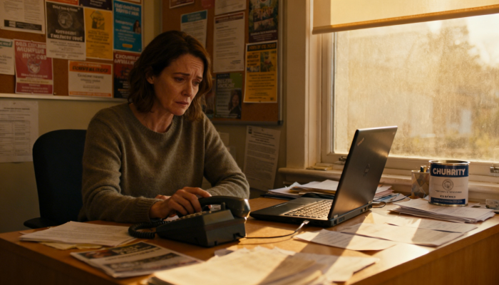 Charity worker at her desk looking thoughtfully at a traditional desk phone, with a laptop open beside her