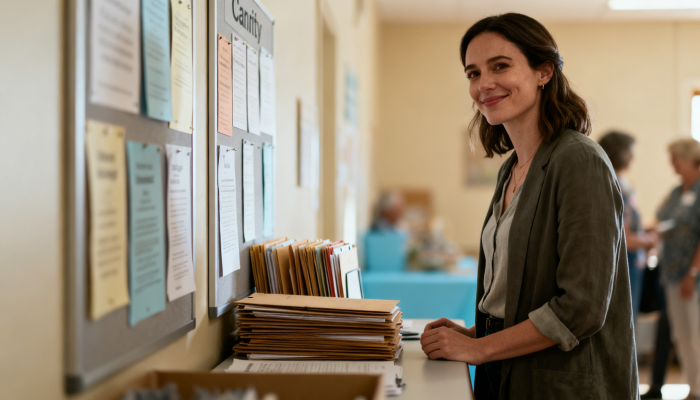 Charity team member setting up a VoIP app on a smartphone, smiling and relaxed