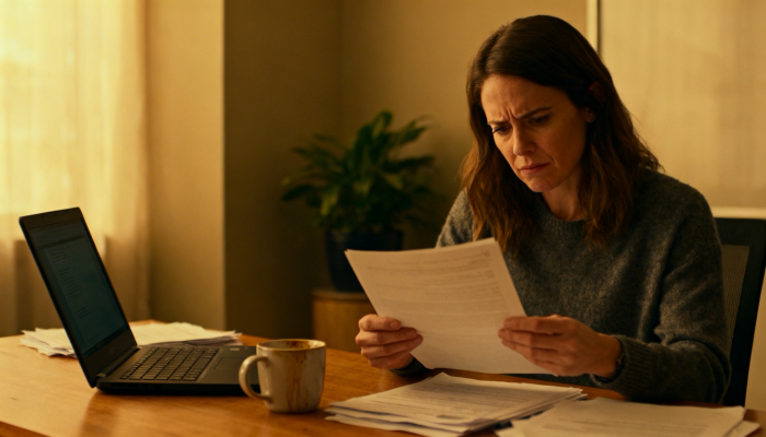 Charity finance manager reviewing a phone bill at a desk, looking concerned