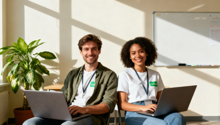 Charity staff member smiling while taking a call on a laptop in a bright community space